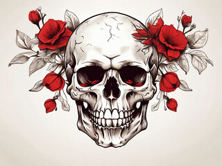 Human skull illustration with red flowers and copy space on off white background