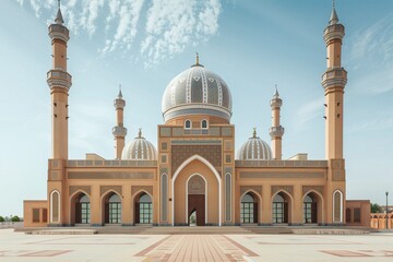 Ancient mosque with many minarets on a sunny day, AI-generated.