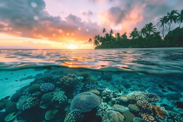 Fototapeta na wymiar Vibrant coral reef beneath a sunny ocean sky, AI-generated.