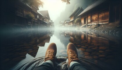 AI illustration of a person sits by a river, overlooking water and tiny buildings