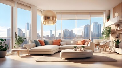 An illustration made with generative artificial intelligence showing a contemporary, light-filled apartment with large windows.