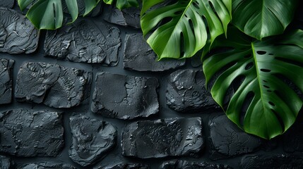 Tropical leaves on black stone wall background with copy space.