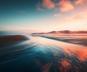 AI generated illustration of the sunrise over ocean with wave crashing on beach
