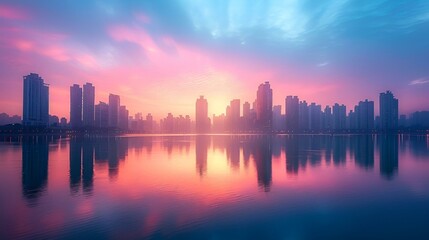Fototapeta na wymiar AI generated illustration of an urban skyline at sunset reflected in misty lake