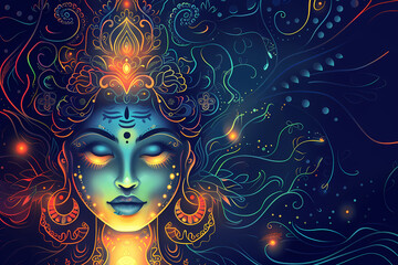 Indian Goddess Kali Maa on dark blue background. Goddess Durga Face. Religious festival of Hinduism Kali puja or Shyama Puja. Happy Durga Puja Subh Navratri - obrazy, fototapety, plakaty