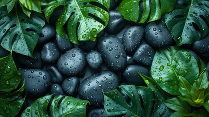 Spa background with green leaves, zen stones and water drops - Powered by Adobe