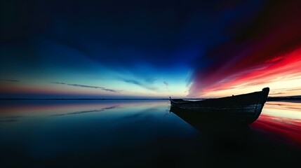 AI generated illustration of a boat on a lake at sunset