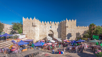 Damascus Gate or Shechem Gate timelapse hyperlapse, one of the gates to the Old City of Jerusalem,...