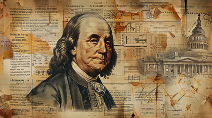 vintage collage style antique portrait illustration of Benjamin Franklin, old newspaper texture, press