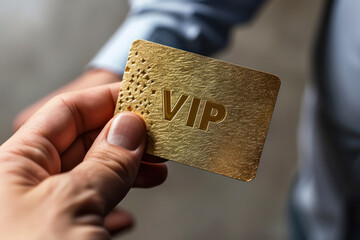 hand holding exclusive vip gold card with textured background - obrazy, fototapety, plakaty