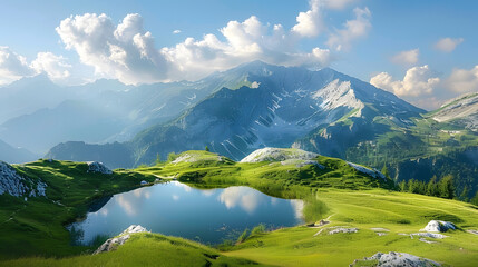 Fototapeta premium A small lake high in the mountains surrounded by green meadows. Natural background. Illustration for cover, card, postcard, interior design, banner, poster, brochure or presentation.