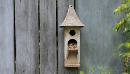 A Weathered Door With A Bird Feeder Hanging On It In A Backyard