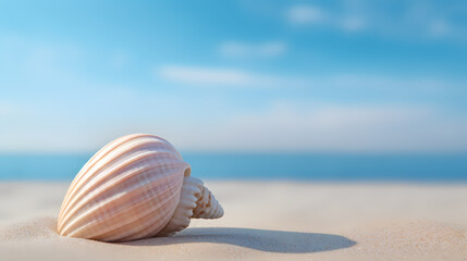 Fototapeta na wymiar Close-up of beautiful seashells on the beach, blue sky and ocean background