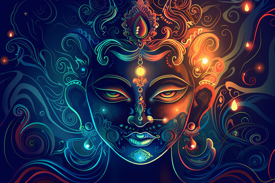 Indian Goddess Kali Maa on dark blue background. Goddess Durga Face. Religious festival of Hinduism Kali puja or Shyama Puja. Happy Durga Puja Subh Navratri