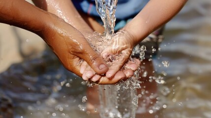 Volunteer pours clean water into thirsty child's hands, depicting care and survival. World Humanitarian Day, August 19