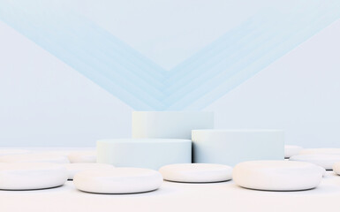 Abstract cylindrical pedestal for product presentation; modern light blue winner podium on blue background, 3d render, 3d illustration