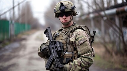 The military man stands tall with his rifle in hand, exuding an aura of unwavering strength and readiness for action on the battlefield.