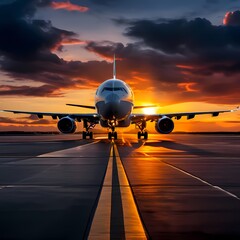 Captivating image of a commercial aircraft on a runway during a dramatic sunset symbolizing travel, Ai Generated