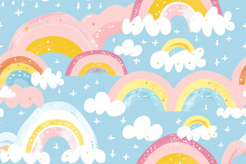 seamless pastel rainbow and cloud pattern for cheerful textile design
