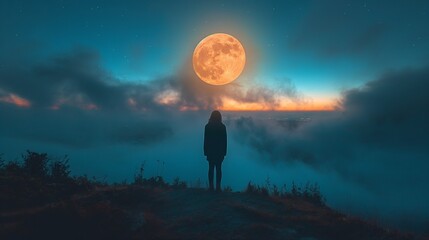 AI generated illustration of a woman silhouetted against massive full moon and clouds at night