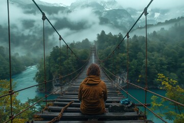 AI generated illustration of a person relaxing on a bridge overlooking river and mountains