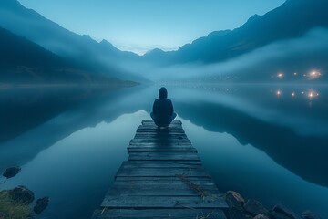 AI generated illustration of a man seated on a dock with misty mountains in the distance