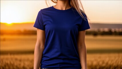 Girl in a blue T-shirt in the middle of a field at sunset.