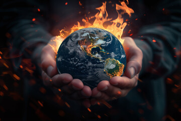 Hands holding Earth globe burning into flames, America destroyed by fire, conceptual illustration of global warming, temperature increase on planet, extreme heat and climate change disaster - 797765918