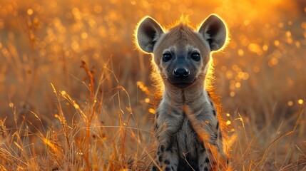 Young Hyena Pup, Evening Sunset Light. Hyena Nursery. Spotted Hyena - Generative AI