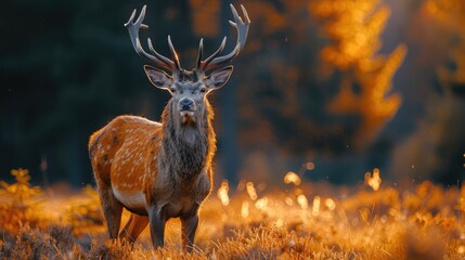 Red Deer (Cervus Elaphus) Large Animal In The Nature Forest Habitat. Animal Wildlife, Deer In The Oak Trees Mountain - Generative AI