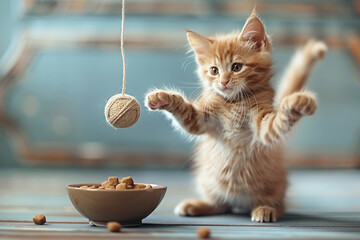 A playful kitten batting at a ball of yarn near its bowl of crunchy kibble, its tail flicking.