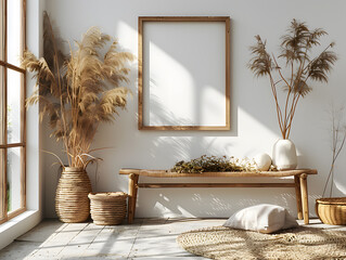 Creative Simplicity: White Frame Mockup in Light Wooden Frame in Artist's Loft
