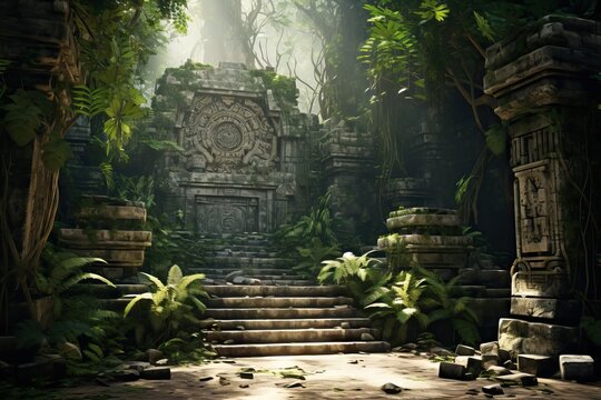 Old beautiful ancient temple in the jungle. Tropical landscape with mystic ruins. Remains of an ancient civilization in the mystical jungle. Travel and vacation, exploration and adventure concept