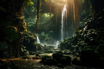 Obraz premium Old beautiful ancient temple in the jungle. Tropical landscape with mystic ruins. Travel and vacation, exploration and adventure concept