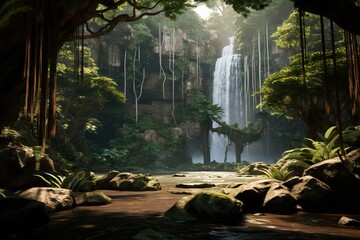 Naklejka premium Beautiful waterfall in the jungle. Tropical landscape with mystic ruins. Travel and vacation, exploration and adventure concept