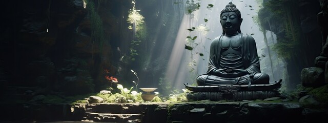 Fototapeta premium Old beautiful ancient temple in the jungle. Tropical landscape with mystic ruins. Travel and vacation, exploration and adventure concept