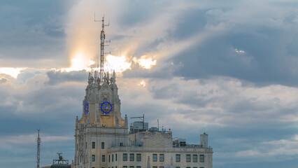 Telefonica Building is a Manhattan-style skyscraper at Gran Via timelapse, Madrid, Spain.