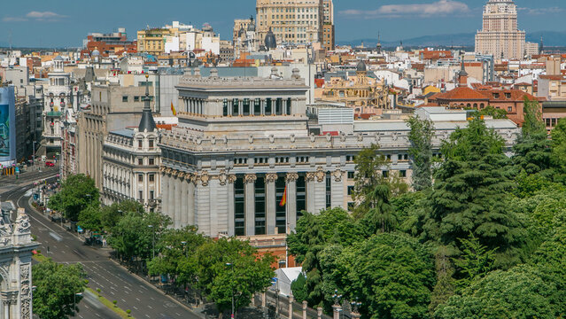 Aerial view from Cibeles Palac to Telefonica Building in Madrid timelapse