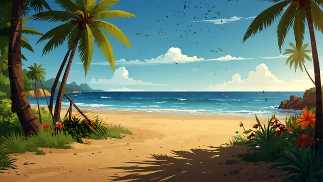 Animated Cartoon summer beach. Nature paradise vacation, ocean beach. Beach landscape Seamless looping 4k time-lapse animation video background