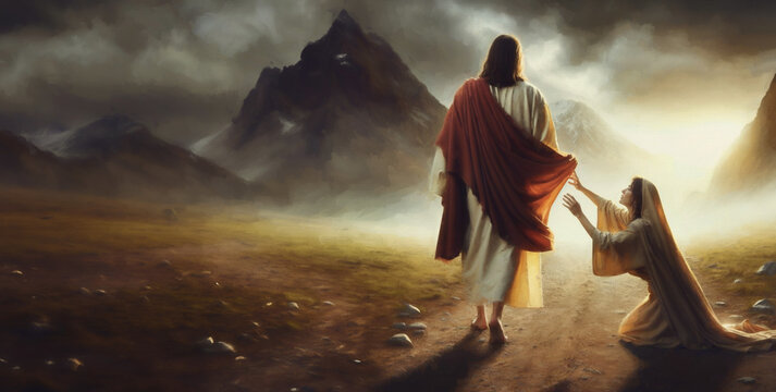 Divine Intervention: The Woman's Touch of Jesus's Robe Ends Twelve Years of Hemorrhage, Demonstrating the Power of Faith. Illustrated style. Woman with the Issue of Blood Touches Jesus's Garment