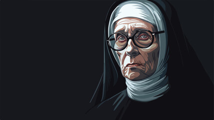 Mature nun on dark background Vector illustration. 