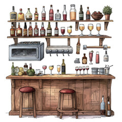 Vintage sketch of bar counter with bottles of alcohol. Vector illustration