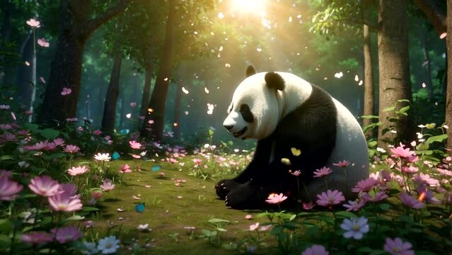 illustration of cute panda playing with butterflies in the park