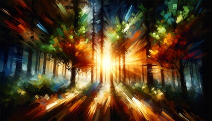 an abstract and vibrant interpretation of a forest with a burst of light, likely representing the sun, streaming through the tall trees