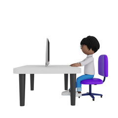 Fototapeta premium A cartoon character is sitting at a desk with a computer monitor in front of him