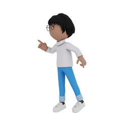 A cartoon character with glasses pointing to the right