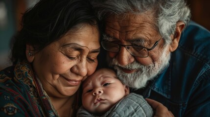Elderly Couple Lovingly Embracing Their Newborn Grandchild. Generative ai