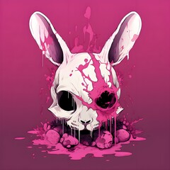 a bunny skull on pink paint, in the style of anime-inspired character designs, sharp & vivid colors, light white and dark pink, distressed materials, luminescent color scheme, graphic illustrations