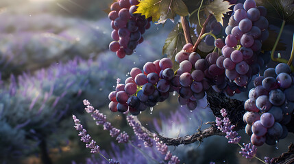 Closeup of grapes on vine with lavender field in the background. Enjoying life concept.