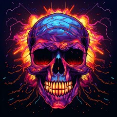 depicting a skull on a blue background with fireworks lights, in the style of light orange and dark magenta, retro-futuristic, energy-filled illustrations, harsh angles, lightningwave, melting, necron